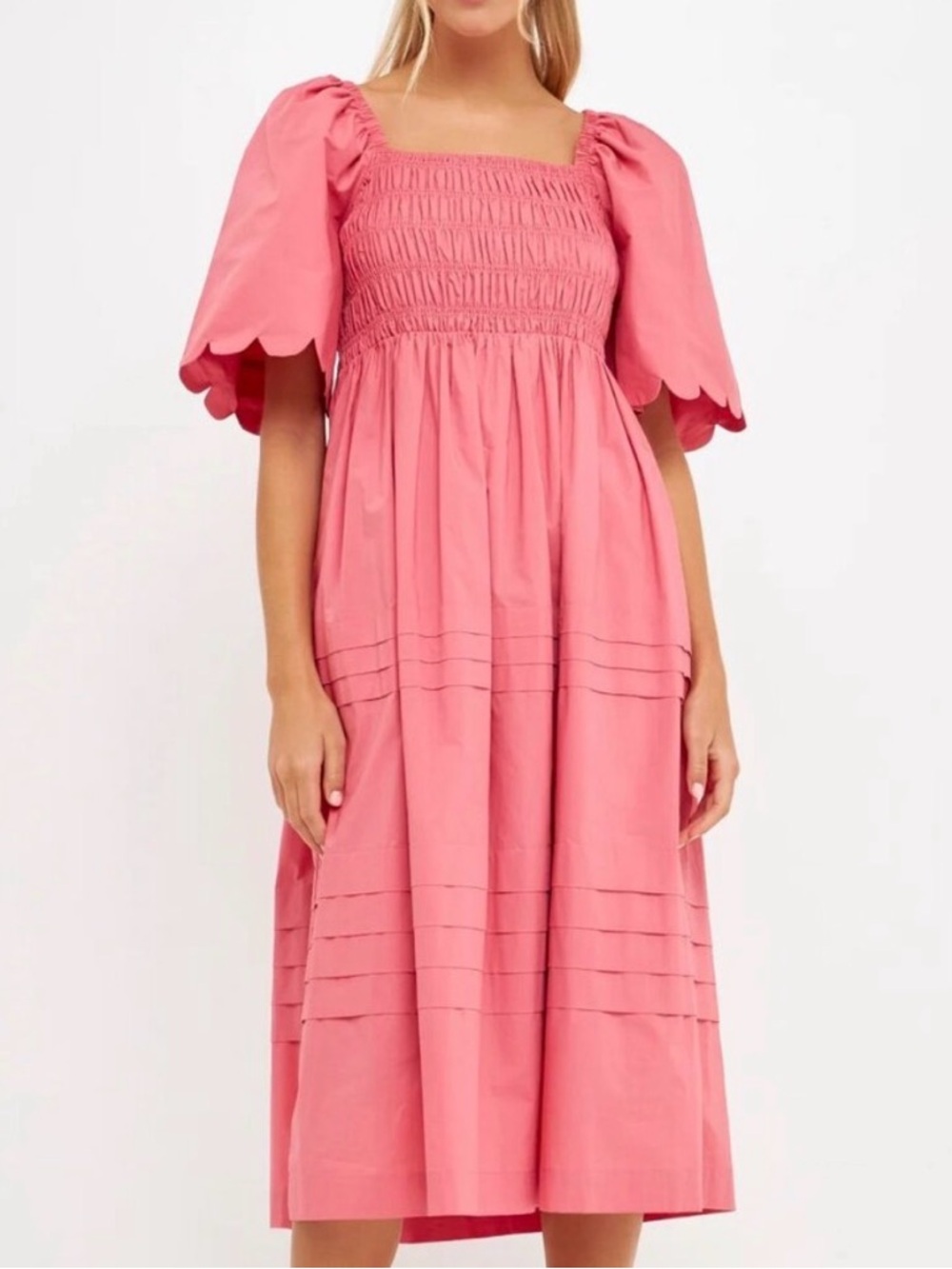 English Factory  scallop detail mauve Smocked Puff-Sleeve Midi Dress